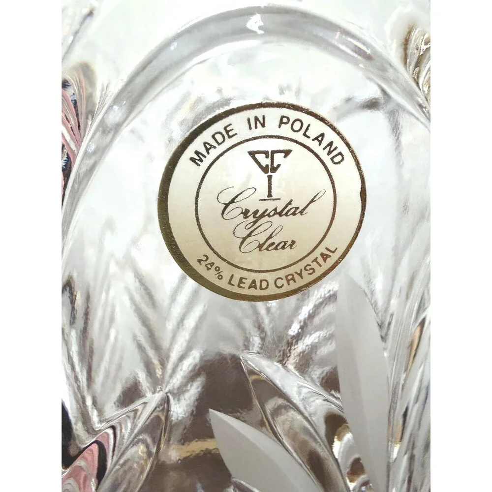 Vintage Polish 24% Lead Crystal Vase with Brass Stand Cut Glass Flower Hurricane
